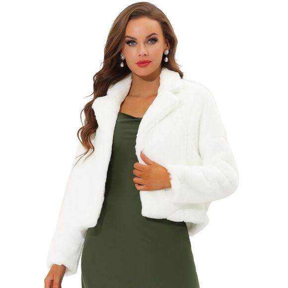 Notch Collar Long Sleeve Open Front Faux Fur Fluffy Cropped Jacket White - Picture 1 of 5